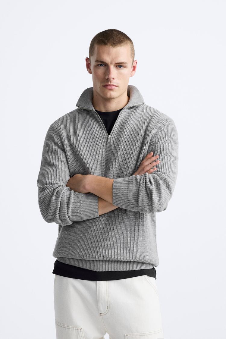 Sudadera con cremallera y cuello gris jaspeado